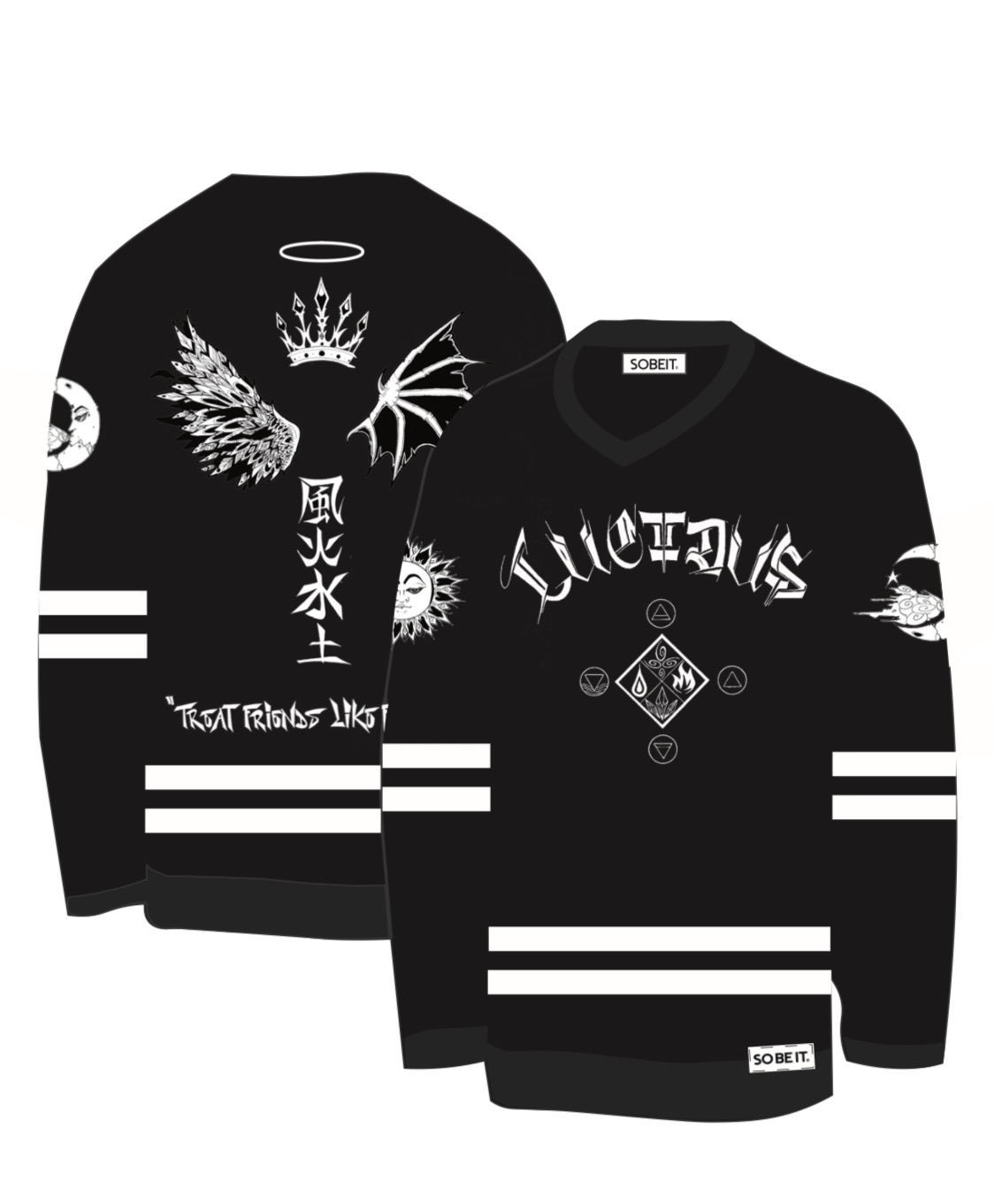 Design preview of the front and back of the black and white Lucidus jersey