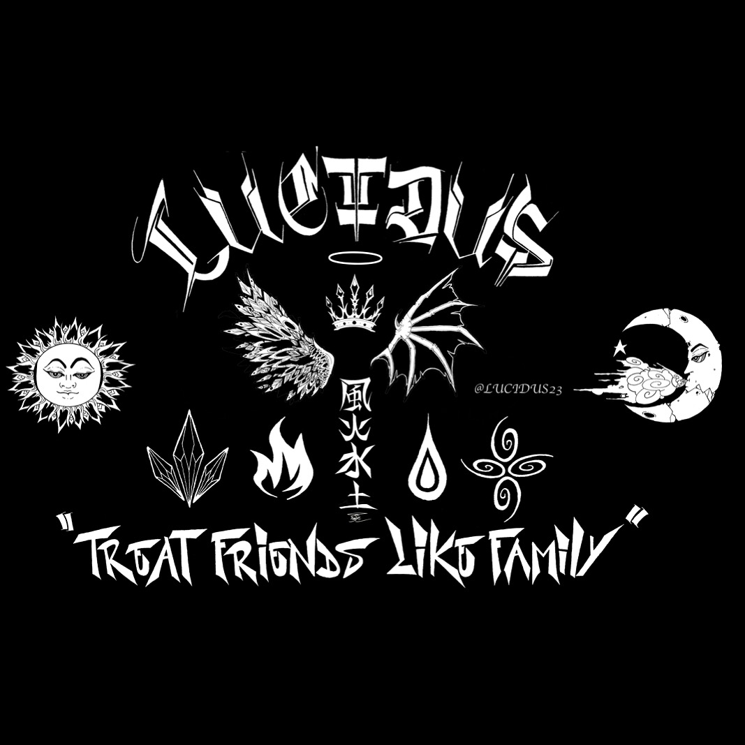 Original Lucidus lettering, wings, sun and moon, elemental marks, and Treat Friends Like Family artwork
